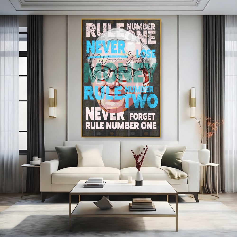 Tablou canvas cu tablou canvas cu portretul stilizat al lui warren buffett, in rama de aluminiu auriu, pe perete intr-un living
